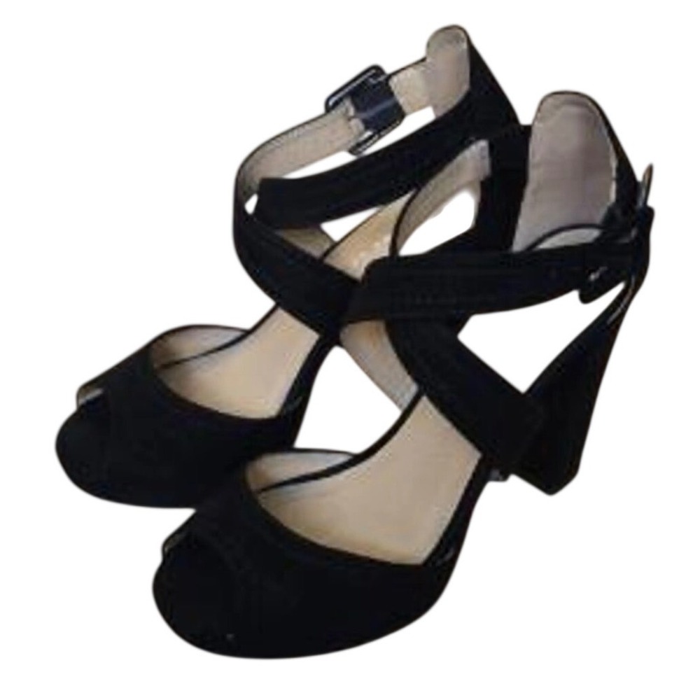 Gianni Bini Black Suede Platform Block Heel Sandals Ankle Strap Peep Toe 6.5M